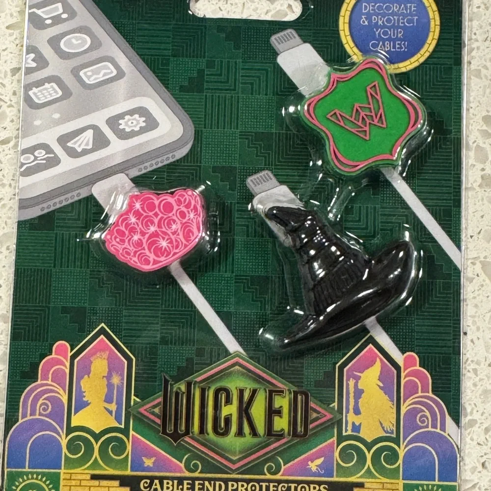 Wicked Charging Cable End Protectors NIB Elphaba’s Hat, Glinda’s Crown, W Logo
